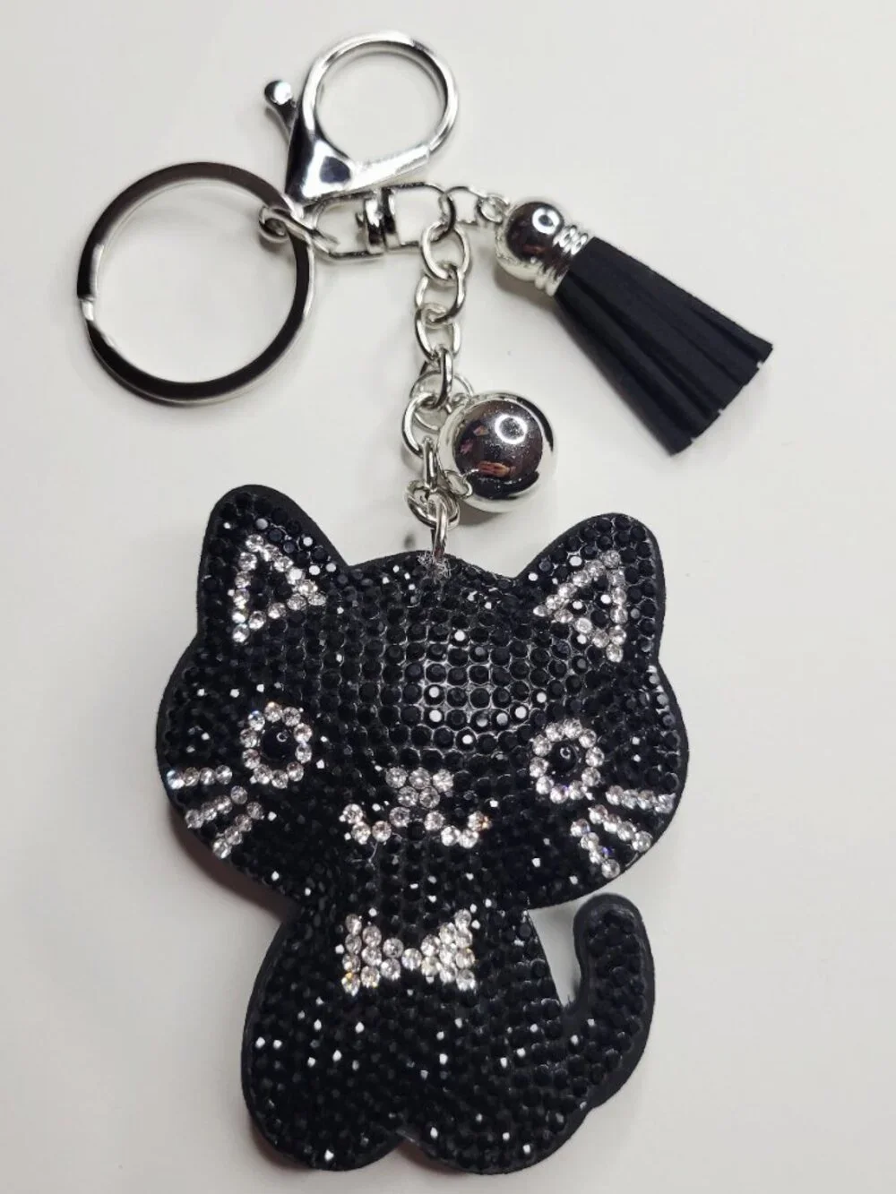NWT Sparkle Silver Black Cat Key Chain Bag Charm With Tassel And Silver Keyring